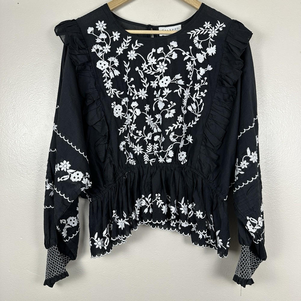 Calypso St Barth Women's L Embroidered Black Cotton Peasant Boho Luxury NEW